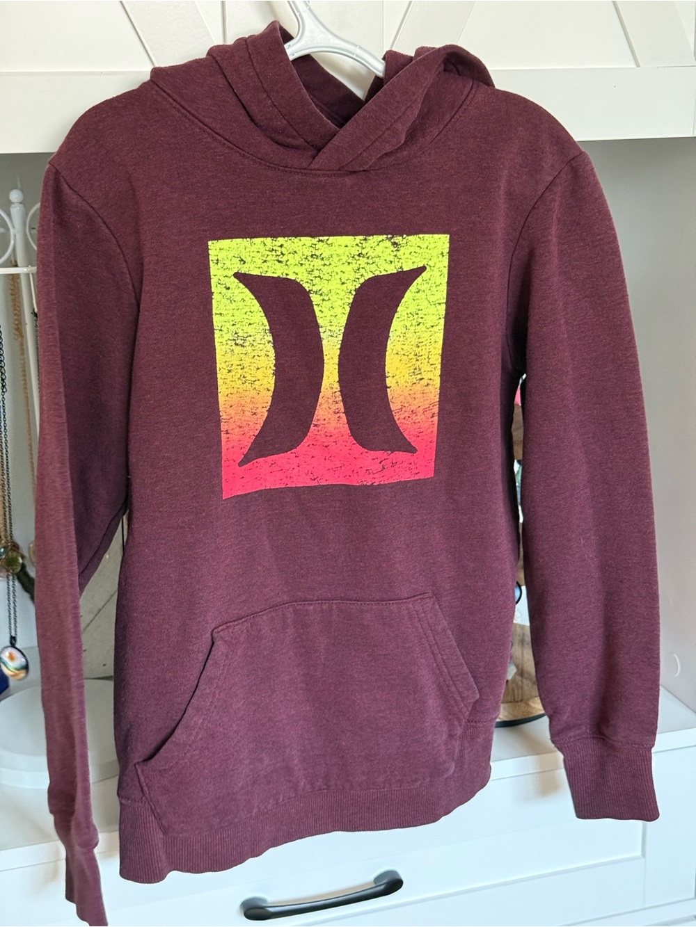 Hurley Maroon Hoodie with Yellow-Pink Gradient Logo